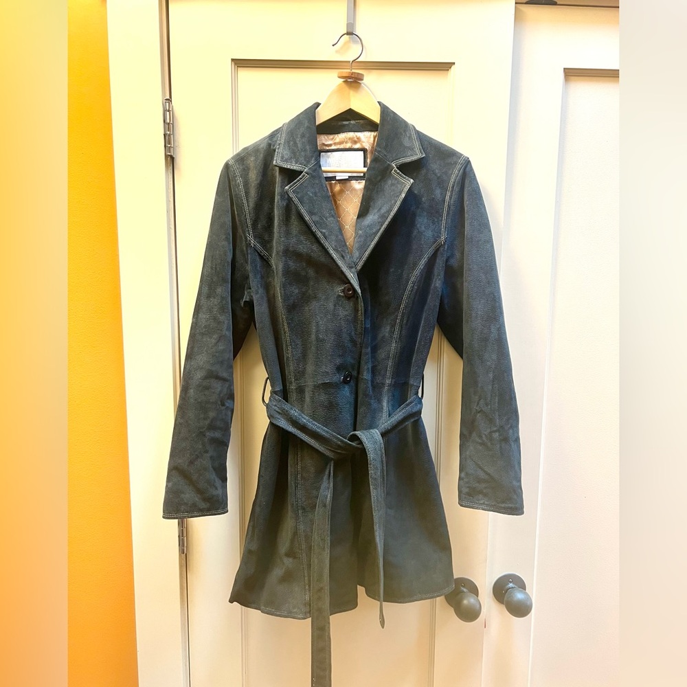 Navy blue suede trench-style belted jacket.